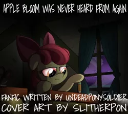 Size: 641x571 | Tagged: semi-grimdark, artist:slitherpon, derpibooru import, edit, editor:undeadponysoldier, apple bloom, pony, fanfic, fanfic:apple bloom was never heard from again, author:undeadponysoldier, blood, broken window, creepy, desk, fanfic art, fanfic cover, female, filly, haunted, implied diamond tiara, implied murder, implied silver spoon, ominous, pencil, ponyville schoolhouse, scissors, solo, story included, window, word art