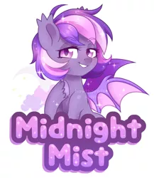 Size: 2489x2867 | Tagged: safe, artist:hawthornss, derpibooru import, oc, oc:midnight mist, unofficial characters only, bat pony, badge, bat pony oc, bat wings, blushing, chest fluff, cute, cute little fangs, ear fluff, fangs, looking at you, simple background, smiling, sparkles, text, unshorn fetlocks, watermark, white background, wings