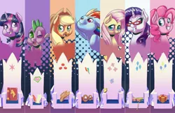 Size: 2550x1650 | Tagged: safe, artist:princrim, derpibooru import, applejack, fluttershy, pinkie pie, rainbow dash, rarity, spike, twilight sparkle, twilight sparkle (alicorn), alicorn, butterfly, dragon, earth pony, pegasus, pony, unicorn, applejack's hat, book, cowboy hat, cutie mark, end of ponies, farewell, female, friendship throne, glasses, goggles, hat, male, mane seven, mane six, mare, measuring tape, one eye closed, open mouth, present, quill, rarity's glasses, rest in peace, scroll, smiling, superman, the end, the end is neigh, throne, wink