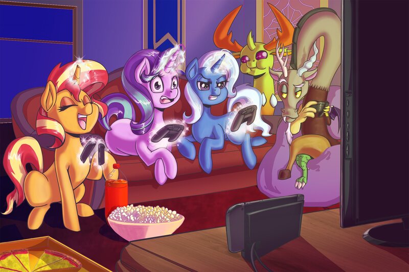 Size: 2550x1700 | Tagged: safe, artist:princrim, derpibooru import, discord, starlight glimmer, sunset shimmer, thorax, trixie, changedling, changeling, draconequus, pony, unicorn, crossed legs, eating, eyes closed, female, food, game, game night, glowing horn, horn, king thorax, levitation, magic, male, mare, nintendo switch, open mouth, pizza, playing, popcorn, puffy cheeks, reformed five, reformed four, sitting, soda, sofa bed, telekinesis, television