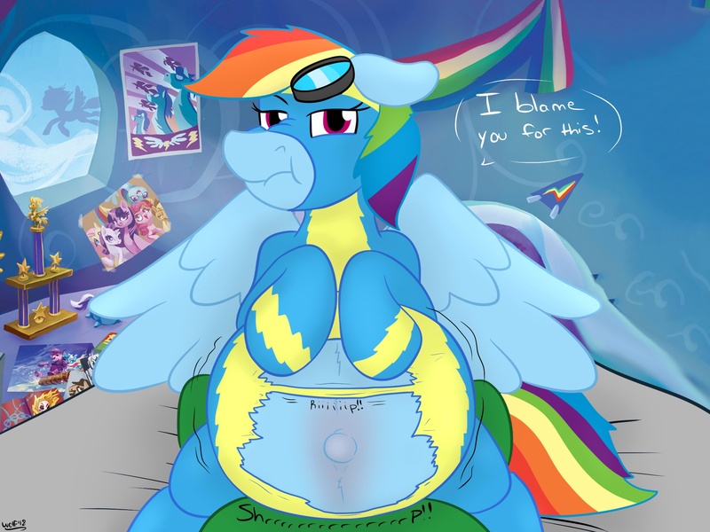 Size: 2000x1500 | Tagged: suggestive, artist:theimmortalwolf, derpibooru import, rainbow dash, oc, oc:anon, oc:anon stallion, pony, :t, belly, belly button, big belly, clothes, goggles, hyper, hyper belly, hyper pregnancy, image, impossibly large belly, jpeg, outie belly button, preggo dash, pregnant, rainbow dash's bedroom, ripping clothes, torn clothes, uniform, wardrobe malfunction, wonderbolts uniform