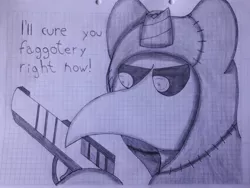 Size: 4096x3072 | Tagged: safe, artist:juani236, derpibooru import, ponified, pony, unicorn, barely pony related, black and white, broken horn, doctor, faggot, grammar error, graph paper, grayscale, gun, horn, mask, misspelling, monochrome, plague doctor, plague doctor mask, scp, scp foundation, scp-049, solo, traditional art, vulgar, weapon