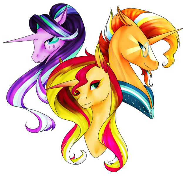 Size: 2050x1974 | Tagged: safe, artist:oneiria-fylakas, derpibooru import, starlight glimmer, sunburst, sunset shimmer, pony, unicorn, brother and sister, bust, female, male, mare, portrait, siblings, simple background, stallion, sunny siblings, transparent background, trio