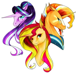 Size: 2050x1974 | Tagged: safe, artist:oneiria-fylakas, derpibooru import, starlight glimmer, sunburst, sunset shimmer, pony, unicorn, brother and sister, bust, female, male, mare, portrait, siblings, simple background, stallion, sunny siblings, transparent background, trio