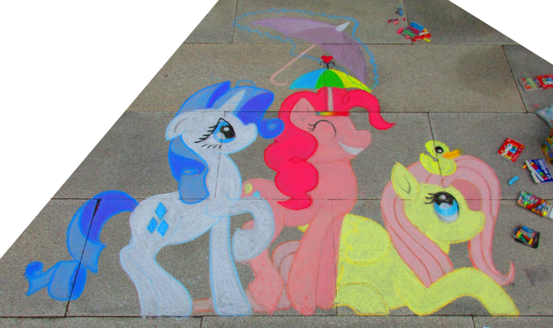 Size: 4572x2711 | Tagged: safe, artist:malte279, derpibooru import, fluttershy, pinkie pie, rarity, pony, chalk drawing, duckling, galacon, galacon 2019, hat, rain, traditional art, umbrella, umbrella hat