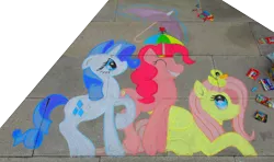 Size: 4572x2711 | Tagged: safe, artist:malte279, derpibooru import, fluttershy, pinkie pie, rarity, pony, chalk drawing, duckling, galacon, galacon 2019, hat, rain, traditional art, umbrella, umbrella hat