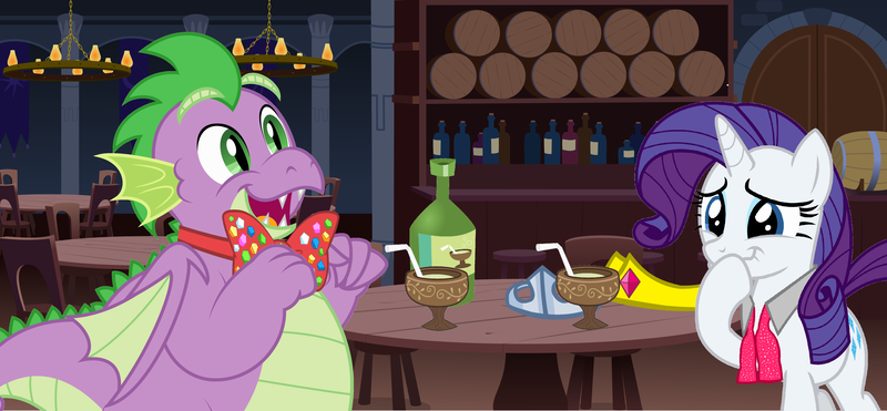 Size: 5592x2592 | Tagged: safe, artist:aleximusprime, artist:disneymarvel96, artist:estories, derpibooru import, rarity, spike, dragon, unicorn, adult, adult spike, alcohol, bowtie, crown, drink, female, giggling, jewelry, male, mare, older, older spike, regalia, shipping, smiling, sparity, straight, tiara