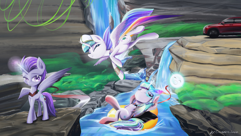 Size: 8500x4800 | Tagged: safe, artist:cosmotic1214, derpibooru import, oc, pony, colored, commission, digital art, digital painting, flying, full body, ground, healing, land, magic, owned, party, picnic, river, standing, swimming, travelling, valley, water