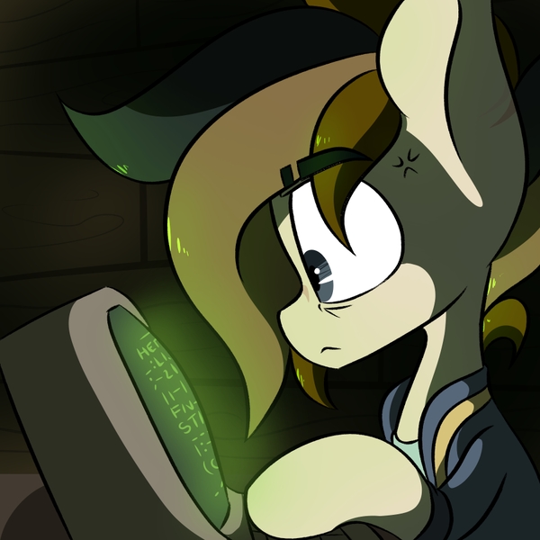 Size: 900x900 | Tagged: safe, artist:crimmharmony, derpibooru import, oc, oc:115, unofficial characters only, earth pony, pony, fallout equestria, annoyed, clothes, computer, cross-popping veins, glyph, hacking, jumpsuit, solo, terminal, text, tired