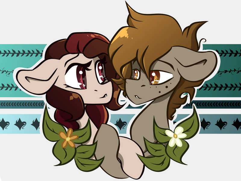Size: 1400x1050 | Tagged: safe, artist:crimmharmony, derpibooru import, oc, oc:crimm harmony, oc:stitched laces, unofficial characters only, earth pony, pegasus, pony, couple, crimmaces, duo, female, flower, leaf, leaves, lidded eyes, looking at each other, male, mare, pattern, shipping, simple background, stallion