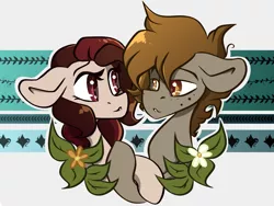 Size: 1400x1050 | Tagged: safe, artist:crimmharmony, derpibooru import, oc, oc:crimm harmony, oc:stitched laces, unofficial characters only, earth pony, pegasus, pony, couple, crimmaces, duo, female, flower, leaf, leaves, lidded eyes, looking at each other, male, mare, pattern, shipping, simple background, stallion