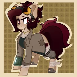 Size: 1050x1050 | Tagged: safe, artist:crimmharmony, derpibooru import, oc, oc:crimm harmony, unofficial characters only, earth pony, pony, fallout equestria, abstract background, bandage, clothes, coat, female, goggles, jewelry, mare, necklace, pipbuck, shirt, shoes, solo