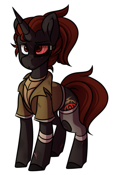 Size: 700x1050 | Tagged: safe, artist:crimmharmony, derpibooru import, oc, oc:protege, unofficial characters only, pony, unicorn, fallout equestria, fallout equestria: murky number seven, bandage, clothes, duster, fanfic art, male, scar, simple background, solo, stallion, standing, transparent background, vest