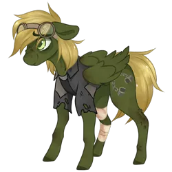 Size: 900x900 | Tagged: safe, artist:crimmharmony, derpibooru import, oc, oc:murky, unofficial characters only, pegasus, pony, fallout equestria, fallout equestria: murky number seven, bandage, dirty, duster, fanfic art, goggles, male, simple background, solo, stallion, standing, transparent background