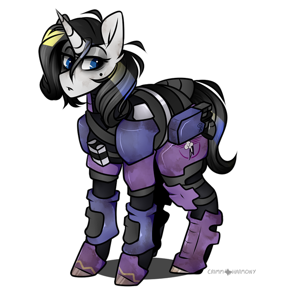 Size: 1050x1050 | Tagged: safe, artist:crimmharmony, derpibooru import, oc, oc:shadow spade, unofficial characters only, pony, unicorn, fallout equestria, fallout equestria: kingpin, armor, beauty mark, black eyeshadow, blank, blank of rarity, commissioner:genki, dead eyes, dirty, gun, handgun, justice mare, moa stealth armor, not rarity, pistol, power armor, simple background, solo, weapon, white background