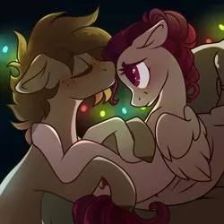 Size: 2500x2500 | Tagged: safe, artist:crimmharmony, derpibooru import, oc, oc:crimm harmony, oc:stitched laces, unofficial characters only, earth pony, pegasus, pony, blushing, christmas, christmas lights, couch, couple, crimmaces, duo, embrace, female, holiday, kissing, looking at each other, male, mare, simple background, sitting, stallion