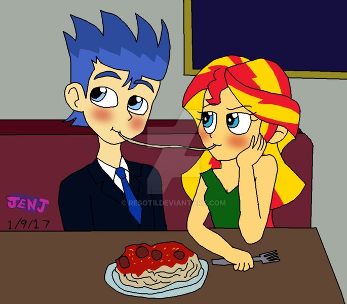 Size: 955x836 | Tagged: safe, artist:resotii, derpibooru import, flash sentry, sunset shimmer, equestria girls, disney, female, flashimmer, food, lady and the tramp, male, pasta, shipping, spaghetti, spaghetti scene, straight