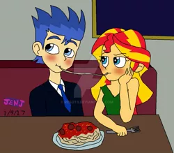 Size: 955x836 | Tagged: safe, artist:resotii, derpibooru import, flash sentry, sunset shimmer, equestria girls, disney, female, flashimmer, food, lady and the tramp, male, pasta, shipping, spaghetti, spaghetti scene, straight