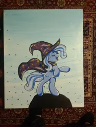 Size: 3120x4160 | Tagged: safe, artist:annuthecatgirl, derpibooru import, trixie, pony, unicorn, black light, black light reactive, eyes closed, female, glow-in-the-dark, mare, painting, rearing, solo, traditional art