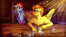 Size: 3840x2160 | Tagged: safe, artist:lupiarts, derpibooru import, rainbow dash, spitfire, pegasus, pony, 4k, alcohol, bar, blushing, collaboration, drunk, female, glass, implied spitdash, lesbian, looking at each other, shipping, spitdash, tragic