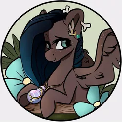 Size: 750x750 | Tagged: safe, artist:crimmharmony, derpibooru import, oc, oc:creative twist, unofficial characters only, pegasus, pony, amulet, bone, bottle, bust, crescent moon, cute, ear fluff, ear piercing, earring, female, flower, gold, jewelry, lidded eyes, long mane, mare, moon, necklace, pegasus oc, piercing, plant, potion, ring, simple background, solo, spread wings, white background, wings