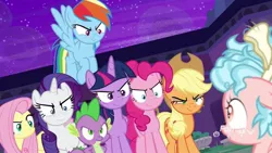 Size: 1191x670 | Tagged: safe, derpibooru import, edit, edited screencap, editor:undeadponysoldier, screencap, applejack, cozy glow, fluttershy, pinkie pie, rainbow dash, rarity, spike, twilight sparkle, twilight sparkle (alicorn), alicorn, dragon, earth pony, pegasus, pony, unicorn, school raze, discovery family logo, female, filly, imminent molestation, male, mane seven, mane six, mare, smiling, smirk