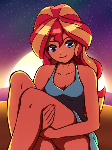 Size: 1800x2400 | Tagged: safe, artist:rockset, derpibooru import, sunset shimmer, equestria girls, breasts, cleavage, clothes, female, legs, looking at you, smiling, solo, sunset