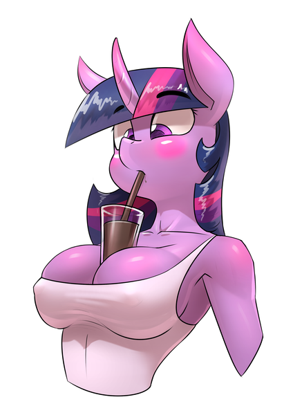 Size: 2480x3508 | Tagged: alicorn, anthro, armpits, artist:underpable, between breasts, blushing, breast overpour, breasts, breast shelf, busty twilight sparkle, chocolate, chocolate milk, cleavage, clothes, derpibooru import, drinking, erect nipples, everything is ruined, female, food, hands-free bubble tea challenge, milk, nipple outline, solo, straw, suggestive, tanktop, twilight sparkle