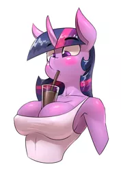 Size: 2480x3508 | Tagged: alicorn, anthro, armpits, artist:underpable, between breasts, blushing, breast overpour, breasts, breast shelf, busty twilight sparkle, chocolate, chocolate milk, cleavage, clothes, derpibooru import, drinking, erect nipples, everything is ruined, female, food, hands-free bubble tea challenge, milk, nipple outline, solo, straw, suggestive, tanktop, twilight sparkle