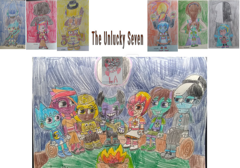 Size: 1023x719 | Tagged: safe, artist:tobiisabunny, derpibooru import, oc, oc:bitter rot, oc:daybreak flare, oc:havoc fury, oc:lack luster, oc:monochrome frost, oc:moonlight blues, oc:solaris la moon, human, equestria girls, it, loud house, simon, the losers club, the marevolent six