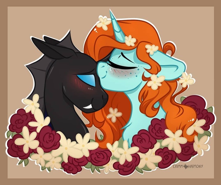 Size: 1075x900 | Tagged: safe, artist:crimmharmony, derpibooru import, oc, oc:corvus, oc:corvus hooves, oc:crann taca, unofficial characters only, changeling, pony, unicorn, blushing, brown background, bust, couple, duo, embrace, female, flower, flower in hair, interspecies, kissing, male, mare, oc x oc, shipping, simple background, wreath