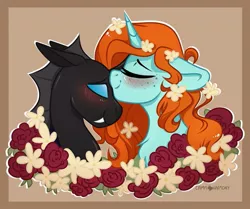Size: 1075x900 | Tagged: safe, artist:crimmharmony, derpibooru import, oc, oc:corvus, oc:corvus hooves, oc:crann taca, unofficial characters only, changeling, pony, unicorn, blushing, brown background, bust, couple, duo, embrace, female, flower, flower in hair, interspecies, kissing, male, mare, oc x oc, shipping, simple background, wreath