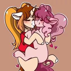 Size: 800x800 | Tagged: safe, artist:crimmharmony, derpibooru import, oc, oc:winnie, unnamed oc, unofficial characters only, earth pony, pony, unicorn, brown background, couple, duo, embrace, female, heart, kissing, lesbian, mare, shipping, simple background, sitting