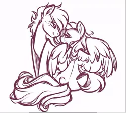 Size: 653x587 | Tagged: safe, artist:crimmharmony, derpibooru import, oc, oc:crimm harmony, oc:stitched laces, unofficial characters only, earth pony, pegasus, pony, couple, crimmaces, duo, female, looking at each other, male, mare, monochrome, simple background, sitting, sketch, spread wings, stallion, white background, wings