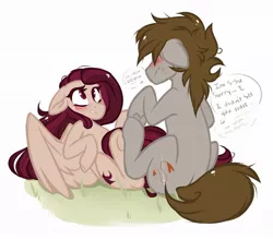 Size: 1080x945 | Tagged: safe, artist:crimmharmony, derpibooru import, oc, oc:crimm harmony, oc:stitched laces, unofficial characters only, earth pony, pegasus, pony, blushing, crimmaces, duo, embarrassed, female, grass, grass field, looking at each other, male, mare, shipping, speech bubble, stallion
