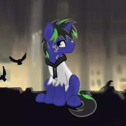 Size: 2100x2100 | Tagged: safe, artist:sjart117, derpibooru import, oc, oc:dust rock, bird, crow, unicorn, building, city, clothes, color change, fillydelphia, hoodie, male, markings, missing accessory, night, rock pony, rocker, sitting, solo, stallion, streetlight