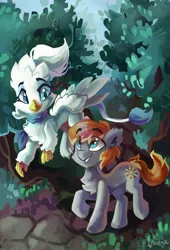 Size: 1920x2819 | Tagged: safe, artist:saxopi, derpibooru import, oc, oc:gallant hymn, oc:silvia duskquill, unofficial characters only, earth pony, gryphon, pony, female, flying, forest, male, stallion