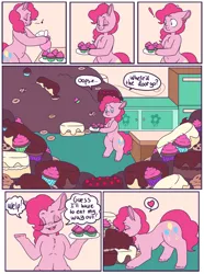 Size: 3109x4172 | Tagged: artist:fatfurparadise, bipedal, cake, candy, comic, cupcake, derpibooru import, food, part of a set, pinkie pie, safe, sequence, solo, sugarcube corner, sweets, this will end in weight gain