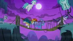 Size: 1920x1080 | Tagged: safe, derpibooru import, screencap, maud pie, mudbriar, starlight glimmer, sunburst, terramar, trixie, pony, student counsel, magic, petrification, rockbriar, rope bridge