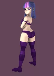 Size: 2500x3500 | Tagged: 3d, artist:argos90, bra, breasts, butt, clothes, derpibooru import, female, human, humanized, panties, socks, solo, solo female, striped socks, suggestive, thigh highs, twibutt, twilight sparkle, underwear