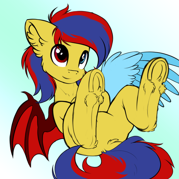 Size: 3500x3500 | Tagged: safe, artist:airfly-pony, derpibooru import, oc, oc:starflame blood, bat pony, pony, bat pony oc, bat wings, cute, featureless crotch, frog (hoof), gradient background, heterochromia, male, rcf community, solo, stallion, underhoof, wings