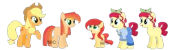 Size: 1600x469 | Tagged: safe, artist:mic-draws, artist:selenaede, artist:strawberry-spritz, derpibooru import, applejack, torque wrench, oc, oc:rosie, oc:strawberry, earth pony, pony, rainbow roadtrip, apple wrench, base used, blank flank, clothes, female, filly, freckles, lesbian, magical lesbian spawn, mare, offspring, open mouth, overalls, parent:applejack, parent:torque wrench, parents:apple wrench, rainbowverse, raised hoof, shipping, shirt, simple background, transparent background