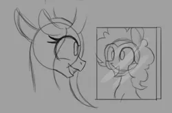 Size: 1073x708 | Tagged: 4chan, artist needed, changeling, changeling queen, derpibooru import, female, grin, mirror, /mlp/, monochrome, open mouth, pinkie pie, queen chrysalis, safe, smiling, solo