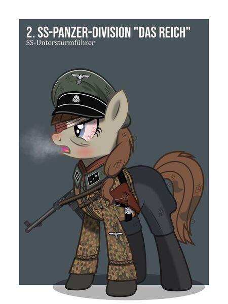 Size: 1024x1366 | Tagged: safe, artist:brony-works, derpibooru import, earth pony, pony, blood, blood stains, bloodshot eyes, boots, camouflage, clothes, cold, dirty, eye bandage, eyepatch, female, gun, hat, holster, mare, mp-40, nazi, nazi germany, nazipone, peaked cap, rifle, scarf, schutzstaffel, shoes, solo, submachinegun, uniform, waffen-ss, weapon, world war ii