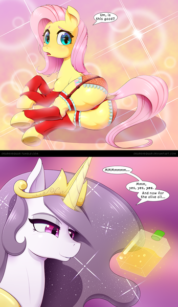 Size: 1000x1724 | Tagged: questionable, artist:deusexequus, derpibooru import, fluttershy, princess celestia, pony, princess molestia, rainbow roadtrip, 2 panel comic, butt, cameltoe, clothes, comic, female, flutterbutt, leggings, lingerie, mare, olive oil, panties, plot, red underwear, simpsons did it, the simpsons, underwear