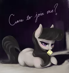 Size: 1411x1500 | Tagged: suggestive, artist:t72b, derpibooru import, octavia melody, earth pony, pony, beautiful, bedroom eyes, blushing, cute, dark, female, food, looking at you, looking over shoulder, lying down, mare, misleading thumbnail, mouth hold, ponyloaf, pretty, raised tail, solo, tail, tavibetes, tea