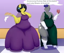 Size: 3000x2500 | Tagged: safe, artist:lupin quill, derpibooru import, oc, oc:midnight blossom, oc:reia hope, unofficial characters only, anthro, bat pony, unguligrade anthro, series:the gluttonous gala (weight gain), alcohol, bat pony oc, bat wings, bbw, belly, big belly, big breasts, breasts, chubby, cleavage, clothes, dialogue, dress, fat, flower, flower in hair, food, freckles, glass, grand galloping gala, hand, magic, magic hands, red wine, sandwich, sequence, thighs, this will end in weight gain, thunder thighs, weight gain, weight gain sequence, wine, wine glass, wings