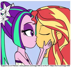Size: 2167x2035 | Tagged: safe, artist:eagc7, derpibooru import, aria blaze, sunset shimmer, equestria girls, bare shoulders, clothes, female, kissing, ko-fi, lesbian, patreon, shipping, siblings, simple background, sisters, sleeveless, strapless, sunblaze