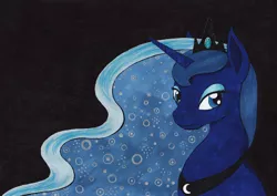 Size: 3000x2126 | Tagged: safe, artist:deoxtri, derpibooru import, princess luna, pony, black background, bust, ethereal mane, portrait, simple background, smiling, solo, starry mane, traditional art, windswept mane