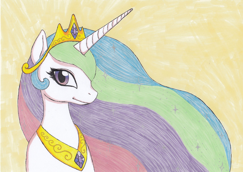 Size: 3460x2448 | Tagged: safe, artist:deoxtri, derpibooru import, princess celestia, pony, bust, ethereal mane, portrait, simple background, smiling, solo, traditional art, windswept mane, yellow background